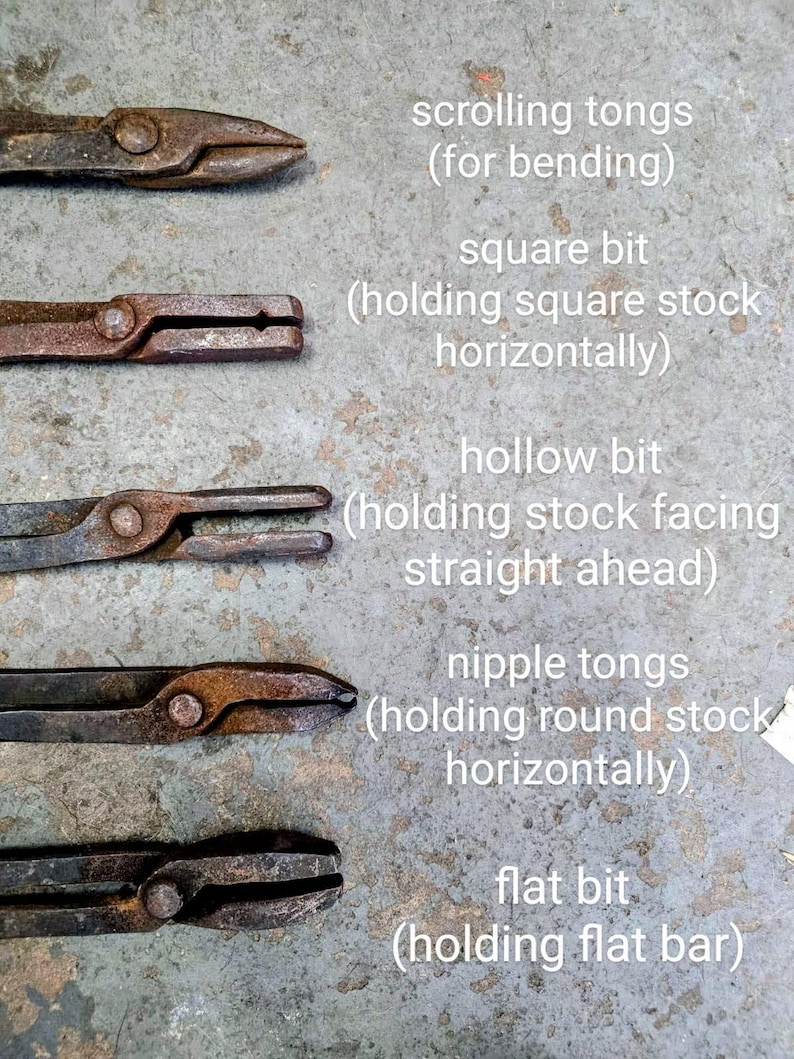 Może przedstawiać: Pięć antycznych metalowych obcęgi kowalskich jest wyświetlanych na teksturowanej powierzchni. Obcęgi obejmują obcęgi do przewijania, obcęgi z kwadratowym grotem, obcęgi z pustym grotem, obcęgi do sutk&oacute;w i obcęgi z płaskim grotem. Każde narzędzie jest oznaczone swoją funkcją.