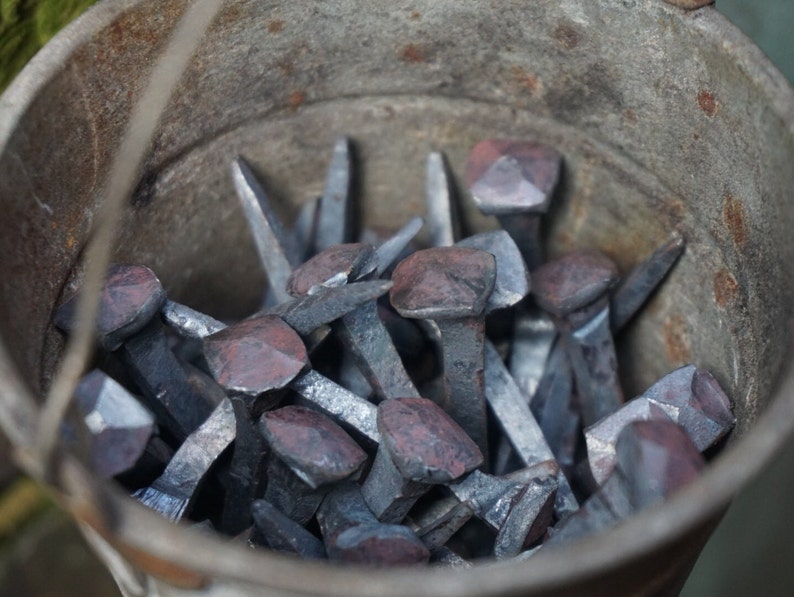 May include: A metal bucket filled with a collection of hand-forged nails with square heads. The nails are various sizes and have a rustic, aged appearance.