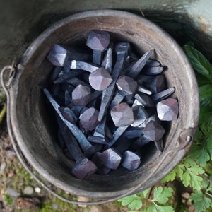 Pu&ograve; includere: Un secchio di metallo pieno di una collezione di chiodi forgiati a mano con teste quadrate. I chiodi sono di colore grigio scuro e hanno un aspetto rustico e invecchiato.