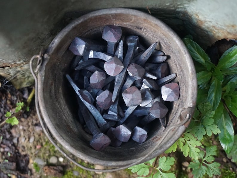 Pu&ograve; includere: Un secchio di metallo pieno di una collezione di chiodi forgiati a mano con teste quadrate. I chiodi sono di colore grigio scuro e hanno un aspetto rustico e invecchiato.