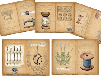 May include: Vintage sewing themed scrapbook paper with images of a sewing machine, buttons, spools of thread, needles, scissors, and a measuring tape. The paper has a distressed, aged look.