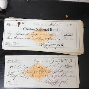 Vintage Antique 1800’s checks- Set of 5 - Vintage ephemera Junk journal supplies - Clinton National Bank Checks - Clinton Iowa
