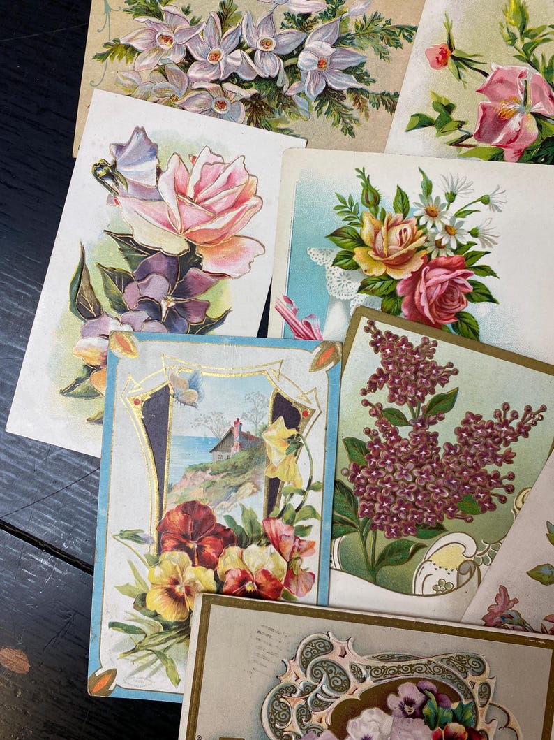 Juego de 12 postales navideñas florales vintage antiguas - Postales antiguas - Materiales para diarios creativos - Efímeros - Postales vintage imagen 3