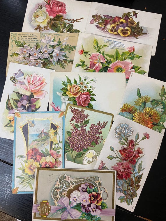 Antique Vintage Holiday Floral Postcards Set of 12 - Antique Postcards - Junk Journal Supplies - Ephemera - Vintage Postcards