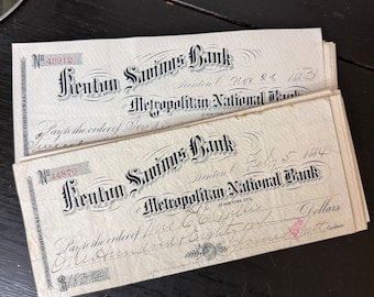 Chèques anciens des années 1800. Lot de 8. Fournitures vintage pour journal Ephemera Junk. Chèques de banque d'épargne Benton