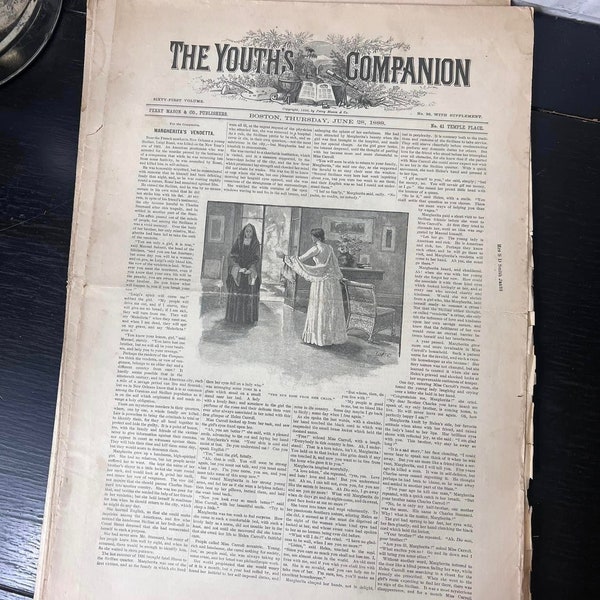 2 Antique Youth Companion Newspapers / Adverting Newspaper / 1880’s Newspaper / Antique Papers / Junk Journal Supplies / Antique Ephemera