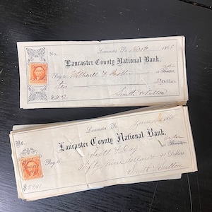Vintage Antique 1900’s checks. Set of 5. Vintage ephemera Junk journal supplies. Lancaster Checks