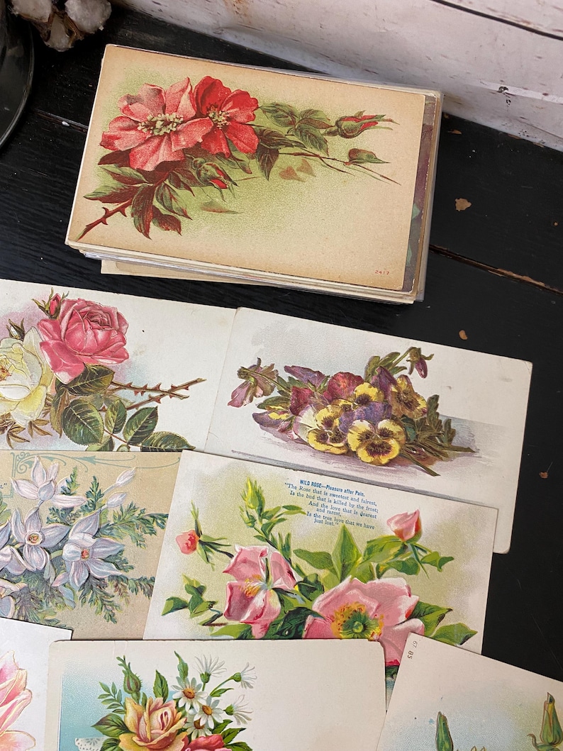 Juego de 12 postales navideñas florales vintage antiguas - Postales antiguas - Materiales para diarios creativos - Efímeros - Postales vintage imagen 5