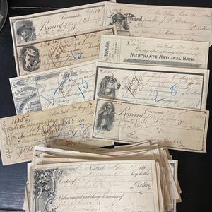 Vintage Antique 1800’s checks - Set of 12 - Vintage Ephemera Junk Journal Supplies - Illustrated Checks