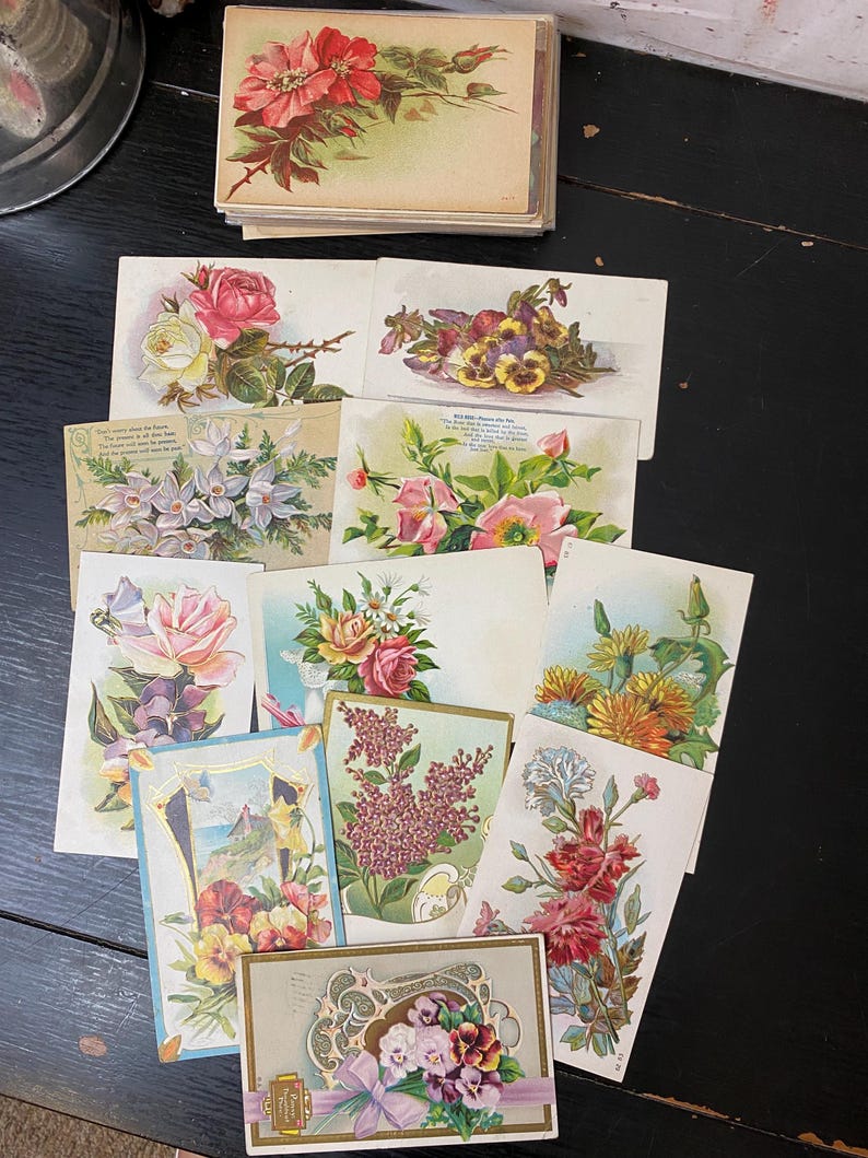 Juego de 12 postales navideñas florales vintage antiguas - Postales antiguas - Materiales para diarios creativos - Efímeros - Postales vintage imagen 7