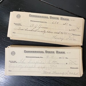 Vintage 1900’s checks. Set of 10. Vintage ephemera Junk journal supplies. Donalsonville Georgia Ephemera.