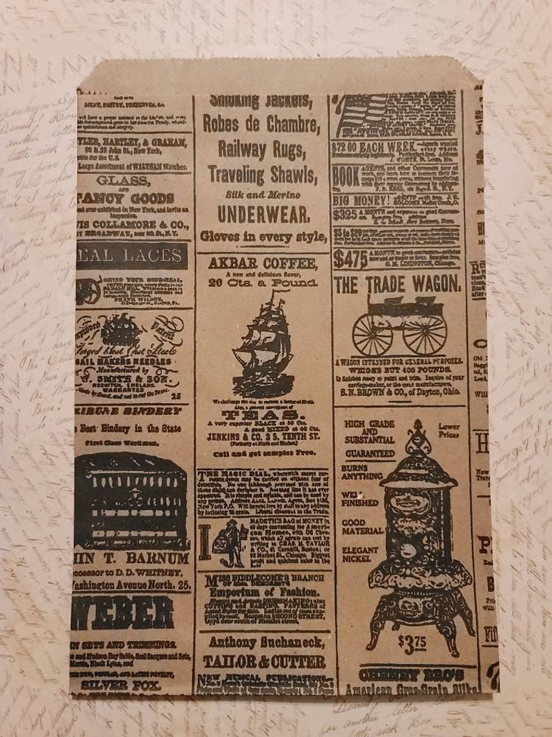 May include: A small, brown paper bag with a vintage newspaper print design. The print features various advertisements, including text for "Underwear," "Akbar Coffee," and "The Trade Wagon." The bag has a rustic, aged appearance.