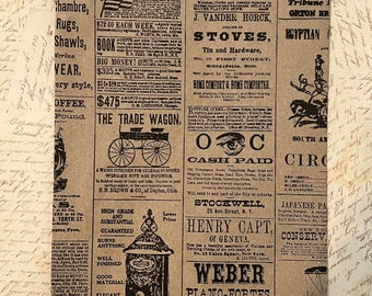 May include: A vintage newspaper clipping with advertisements for various products and services. The ads include a trade wagon, a stove, a piano, and a circus. The newspaper is printed on brown paper with black ink.