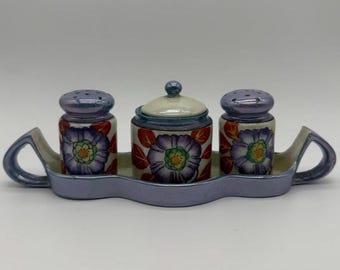 Japanese Lusterware - 5-Piece - Hand-Painted Floral Motif - Salt, Pepper, & Sugar Set w/ Tray - c. 1950s