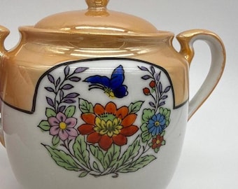 Japanese Lusterware - Sugar Bowl - Hand-Painted Floral & Butterfly Design - c. Mid-20th Century