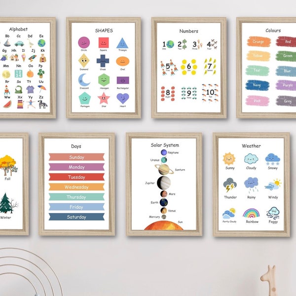 Set Of Educational Posters, 8 Homeschool Prints, Montessori Classroom Decor, Rainbow Kids Decor, Toddler Playroom Decor, Digital Download