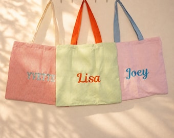 Personalized Embroidered Tote  Large Striped Checkered Canvas Shoulder Bag with Zipper and Custom Name Bridesmaid gift