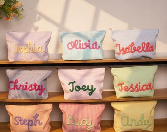 Personalized Makeup Bag Custom Name Striped Cosmetic Pouch Rope Letter Travel Toiletry Bag Bridesmaid Gift Bridal Party Gift for Her