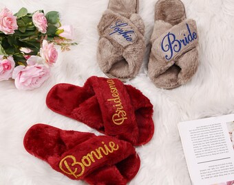 Custom Fluffy Slippers, Fluffy Cross slippers, Custom Bride Slippers, Bride to Be Gift, Bridal Slippers, Mrs Slippers for wedding gift