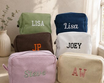 Personalized Makeup Bag Custom Embroidered Name Cosmetic Bag  Waffle Toiletry Pouch Bridesmaid Gift Travel Organizer Gift for Her