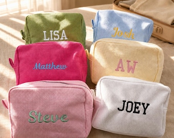 Travel Makeup Bag  Waffle Cosmetic Organizer Personalized Embroidered Toiletry Pouch Custom Name Bag Birthday Gift for Her