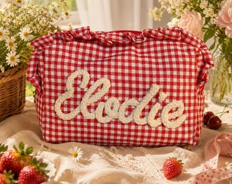 Personalized Makeup Bag with Name, Gingham Ruffle Makeup Pouch