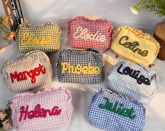 Custom Makeup Bag with Name, Personalized Makeup Pouch with Gingham Ruffle Trim