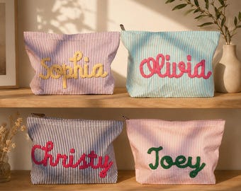 Personalized Striped Makeup Bag Custom Rope Name Travel Cosmetic Pouch Zipper Toiletry Organizer Girls Trip Gift