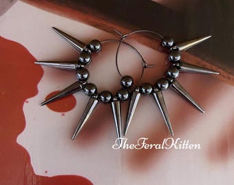 Eddie's Girl Gunmetal Punk Rock & Heavy Metal Thrash style Spike Hoop Earrings