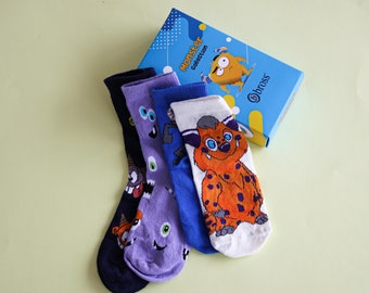Bross Monster, Space, Marine Collection Boxed 4-Pack Kids Socks | Gifts | Presents | Gift for Kids | Monster Patterned | Cotton