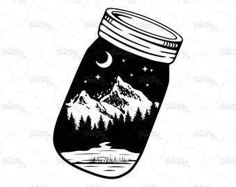 Camping Svg, Mason Jar, Camping Decal, Farmhouse Svg, Plasma Art, Vector, Night Sky Silhouette, Cricut Cut File, Dxf, Eps, Mountain ClipArt