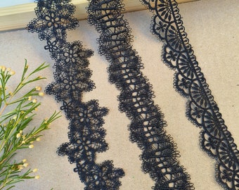 1 metre, Venice Floral black Lace Trim with scalloped edge,  Dress Edge, Doll clothing, Junk Jour, or home decor, 6063FBL