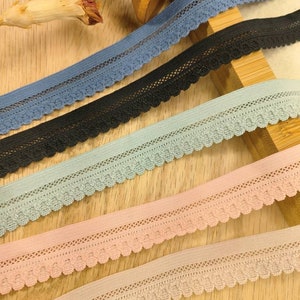 Può includere: Quattro diversi colori di passamaneria elastica in pizzo con bordi a festoni. I colori sono blu, nero, azzurro e rosa.