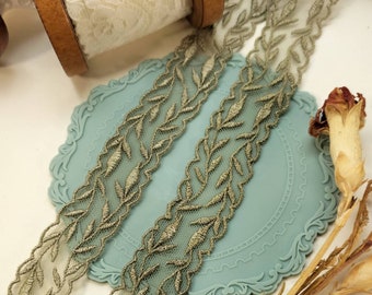 3 metres, 19mm wide sage Embroidered leaves Tulle Lace Trim with scallop edges, Card marking, Junk Journal, Sewing and home decor, 6067FEL