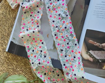 2 metres, 60 mm White floral lace base decorated with playful multicolour polka dots- Headbands- Junk Journal Underwear, 6337EL