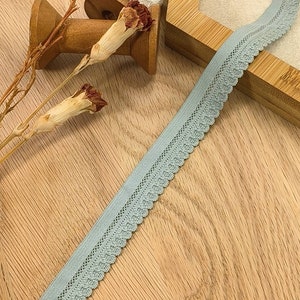May include: A light blue elastic trim with a delicate lace pattern. The trim is shown on a wooden surface with spools of thread and dried flowers.