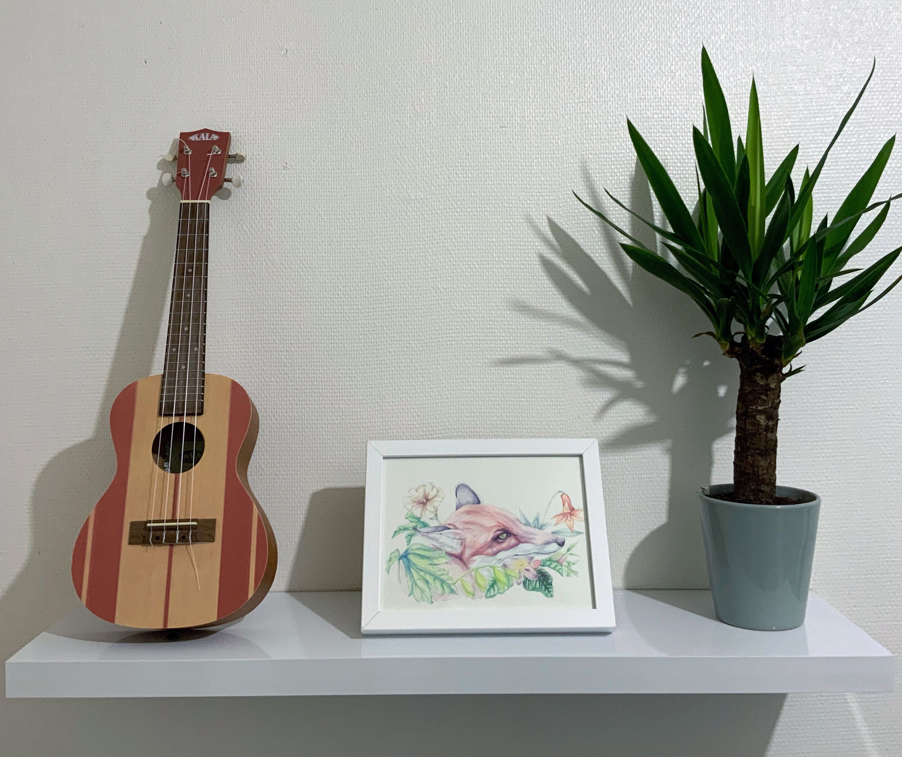 Illustration Originale Tête de Renard et Fleurs en Aquarelle Crayons Couleur, avec Cadre