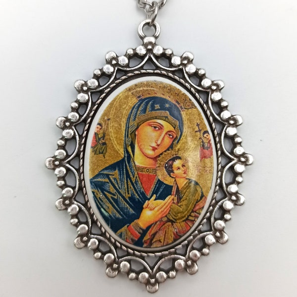 Medalla Religiosa Cerámica, Virgen Perpetuo Socorro, 3 Tamaños, Cordón de acero incluído, ceramica, acero, zamak, plata