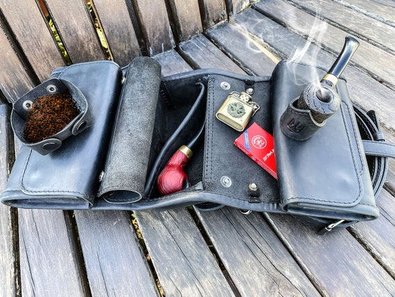 Custom Leather Pipe Case*Black Pipe Bag*Tobacco Bag*Pipe Roll*Leather Pipe  Kit*Old Fashioned Tobacco Pouch*Personalized Leather Pipe Case