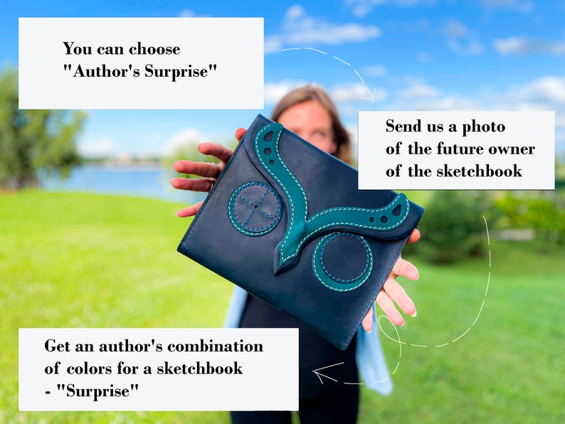 May include: A woman is holding a dark blue leather sketchbook with a green butterfly design. The sketchbook has the text "Author's Surprise" and "Surprise" on it.