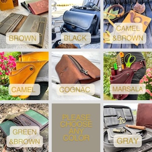 Puede incluir: Nueve bolsos de cuero de diferentes colores, incluyendo marr&oacute;n, negro, camel, co&ntilde;ac, marsala, verde y gris. El texto "PLEASE CHOOSE ANY COLOR" se muestra en el centro de la imagen.