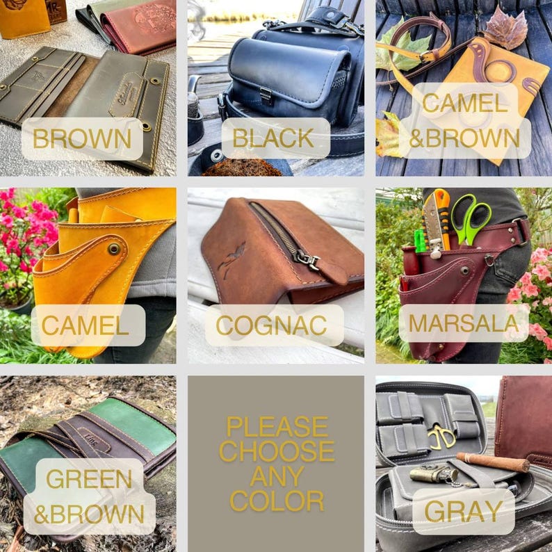 Puede incluir: Nueve bolsos de cuero de diferentes colores, incluyendo marr&oacute;n, negro, camel, co&ntilde;ac, marsala, verde y gris. El texto "PLEASE CHOOSE ANY COLOR" se muestra en el centro de la imagen.