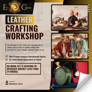 May include: A flyer advertising a leather crafting workshop. The flyer features a photo of a person working on a leather project, a photo of a finished leather bag, and the text "Leather Crafting Workshop".