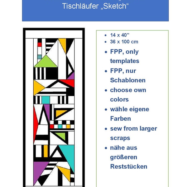 Modern Table Runner „Sketch“ Tischläufer „Sketch“ Pattern Template Schablone FPP Foundation paper piecing Patchwork