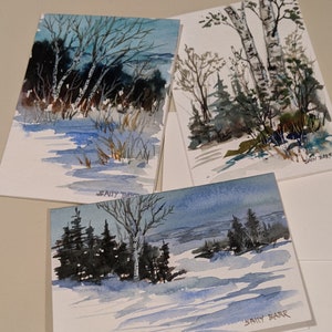 3 Hand Geschilderde NotaKaarten / wenskaarten met enveloppen - Witte Birch scènes