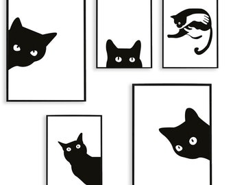 Poster Set 5pcs Cat Murals Decoration Art Print Cat Shapes
