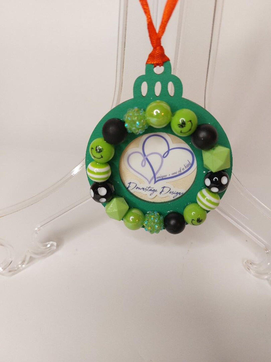 Mini Ornament Frame, grinch Inspired Small Bead Design on a Green