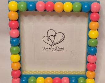 Shadow Box Frame, "Bubblegum Summer" inspired large bead wood design on a 5x5 teal frame