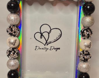 Frame, "Reputation" inspired large bead vertical design on a 4x6 silver iridescent frame