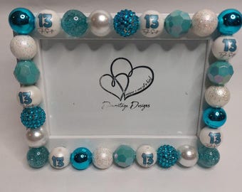 Frame, "13" inspired large bead design on a 4x6 white frame